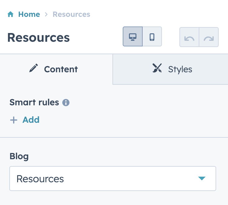Page level module settings showing blog selection