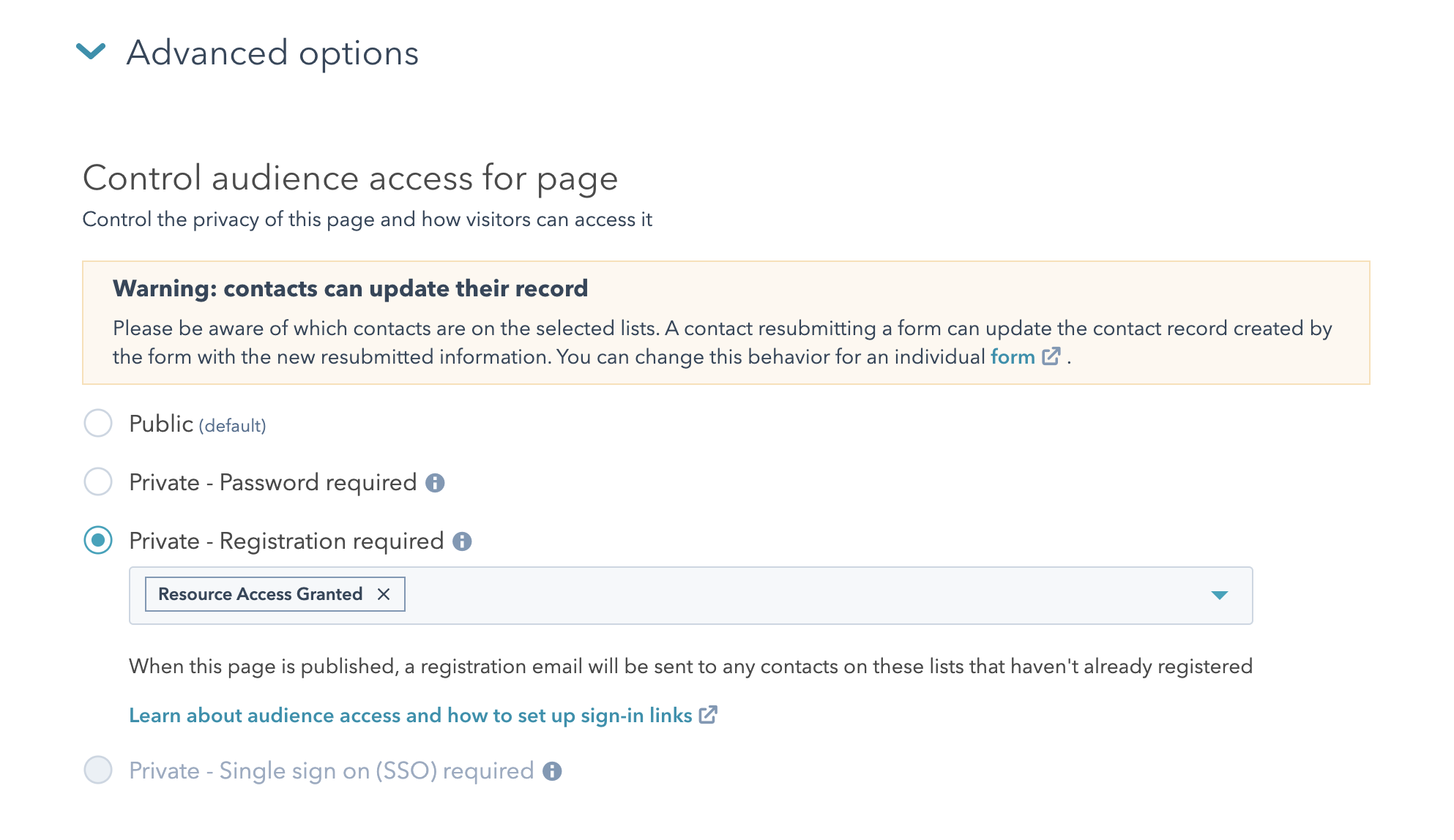  Advanced page options to restrict access