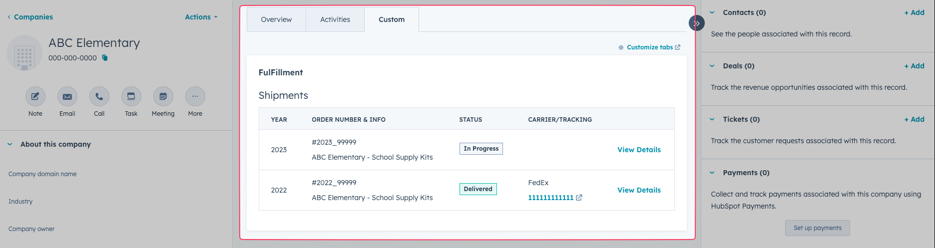 Example of our custom card showing Shipment main view