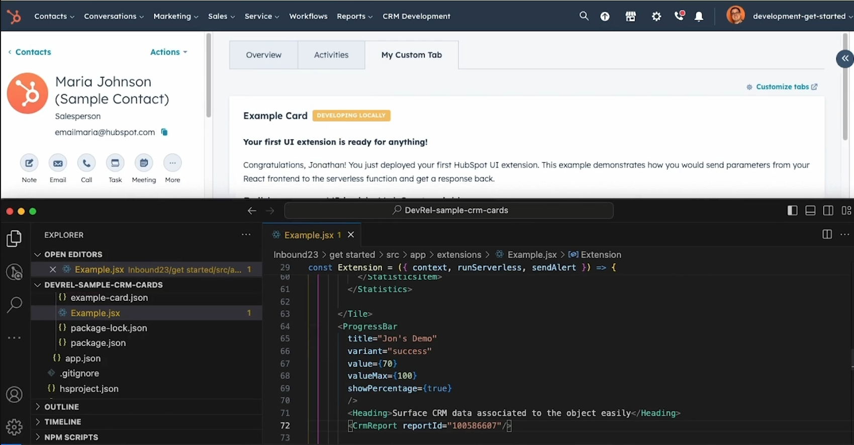 React development environment for HubSpot custom cards.