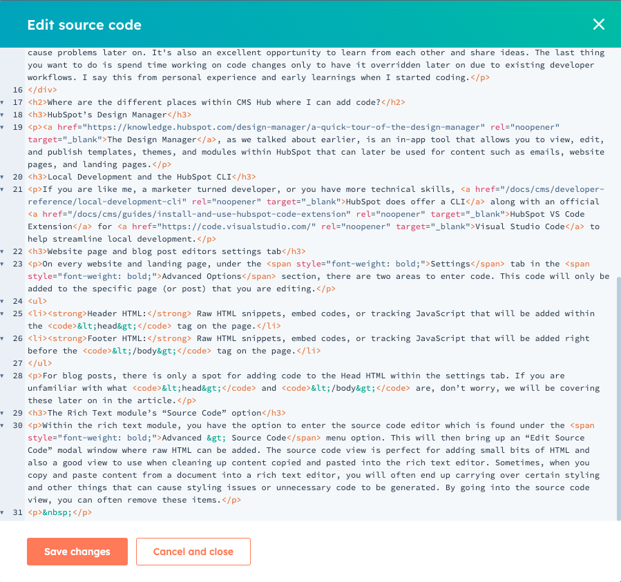 "View Source" view from HubSpots Rich Text Editor (RTE)