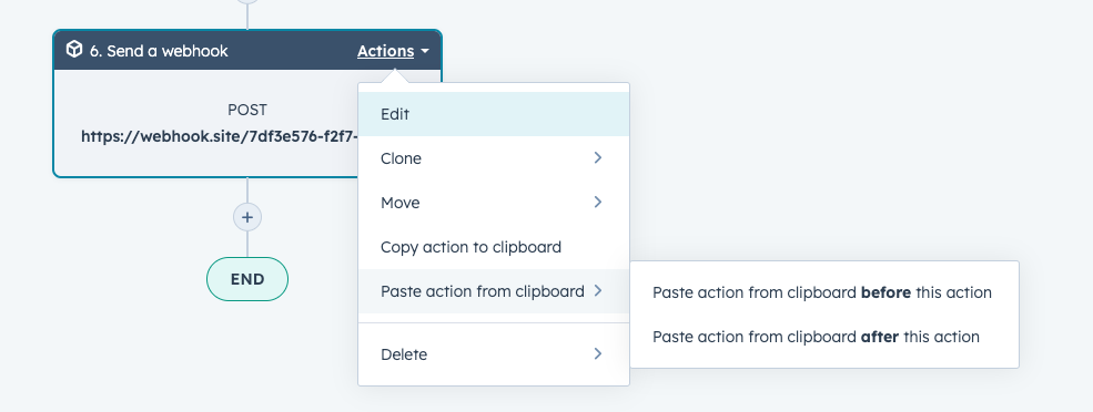 Copy and paste actions from one workflow to another