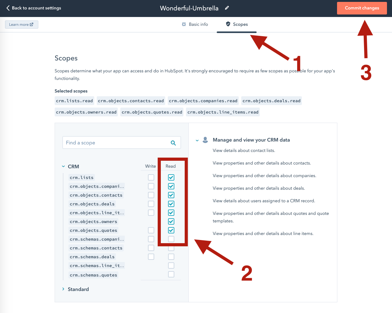 Screenshot of CRM data scopes