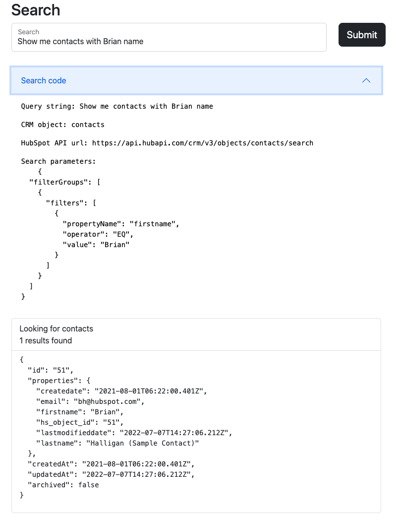 Screenshot of search query code