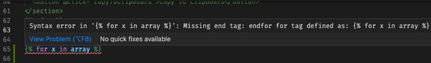 Screenshot showing HubL syntax error message in VS Code