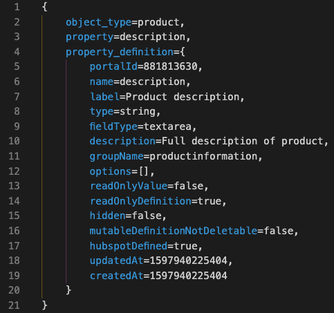 A screenshot of the data that the CRM object property field returns for developers to use. Included are the properties name, property label, it's data type, a description, and more.