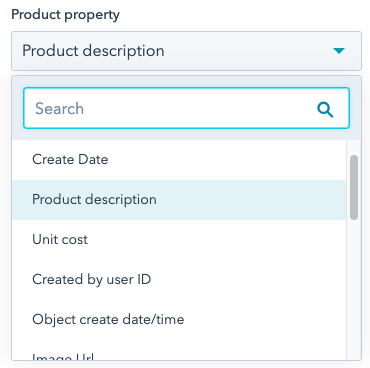 screenshot of a CRM object property field in the page editor, the field label says 'Product property', the select field is expanded listing all of the available properties within the product object type for selection.