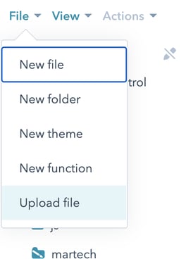 Screenshot of design manager with file context menu open and upload file highlighted