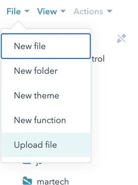 Screenshot of design manager with file context menu open and upload file highlighted