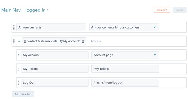 screenshot of the advanced menu screen in HubSpot settings, showing a navigation menu.