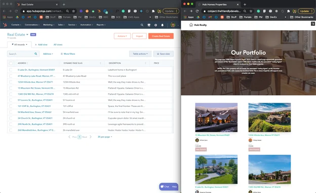 Screenshot of real estate custom object in CRM and CMS page created from it on the right.