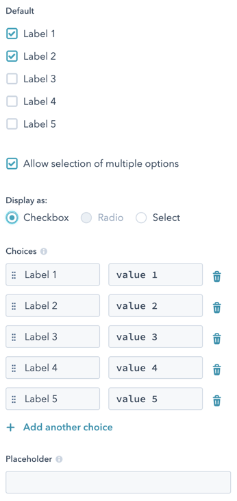 Screenshot of the design manager view of a choice field set to multiple choice, with the display mode set as checkbox. You can see drag handles which are used to re-order the options seen by the content creator.