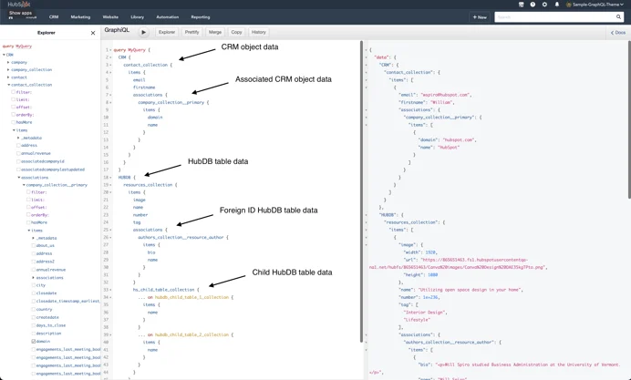 HubSpot GraphiQL UI, with an example Schema pulling data from CRM and HubDB.