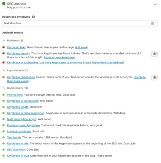 how to add keywords to wordpress: SEO analysis results of blog post analyzed by Yoast SEO premium plugin