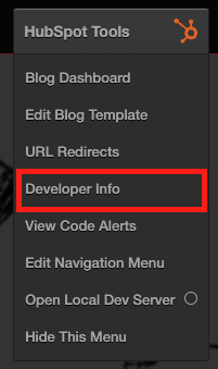 The Developer Info menu on HubSpot pages, blog posts, and other pages hosted on the HubSpot CMS.
