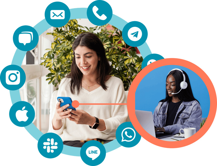 Two people communicating via phone and messaging services