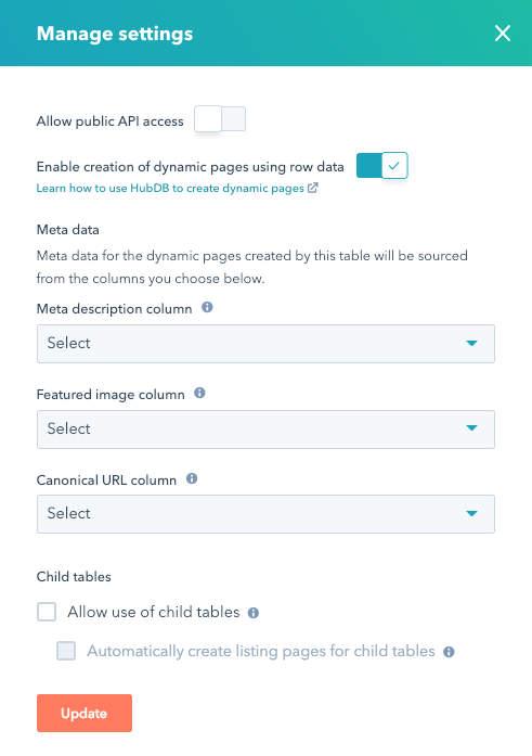 Manage settings for the HubDB Table Manage settings for the HubDB Table