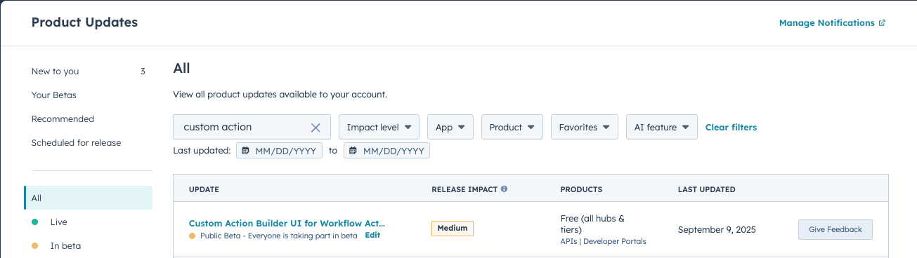 product updates UI