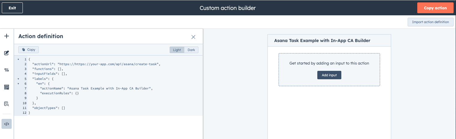 custom action builder UI