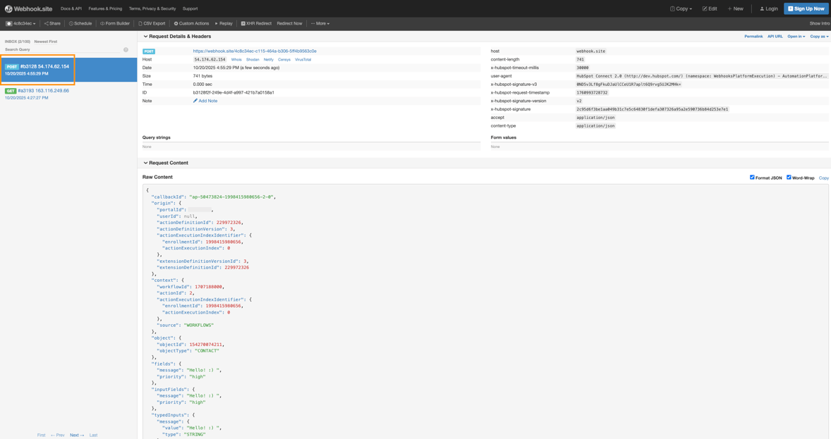 testing via webhook.site