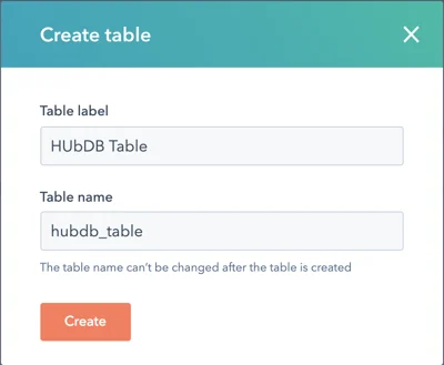 Screenshot of create table modal