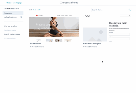 Capture d'écran de l'expérience de création de page pour un modèle dans un thème Capture d'écran de l'expérience de création de page pour un modèle dans un thème