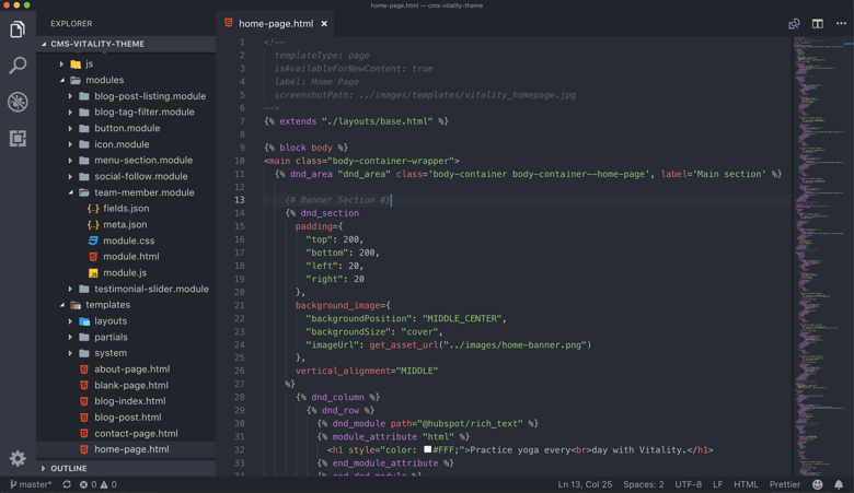 VS Code with HTML and HubL template open VS Code with HTML and HubL template open
