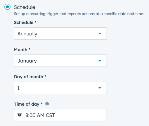 Workflow UI showing recurring schedule selected. an additional field for frequency appears, itse set to Annual. Month is set to January.  Day of month field is set to first day of month. Time of day is set to 8am.