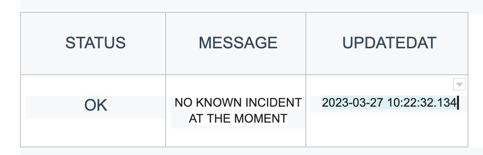 Table with 1 row, Status is OK, Message is "No known incident at the moment", updated at with a time stamp.