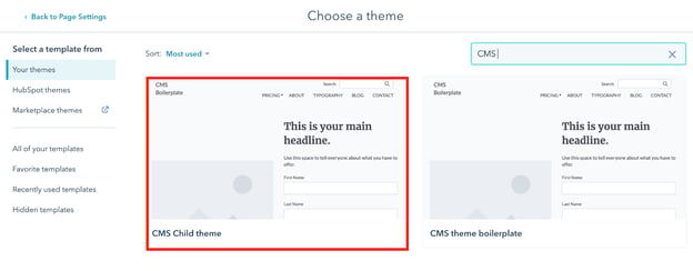 Choosing the child theme in the Advanced Page Settings of a web page.
