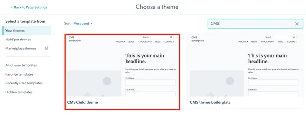 Choosing the child theme in the Advanced Page Settings of a web page.