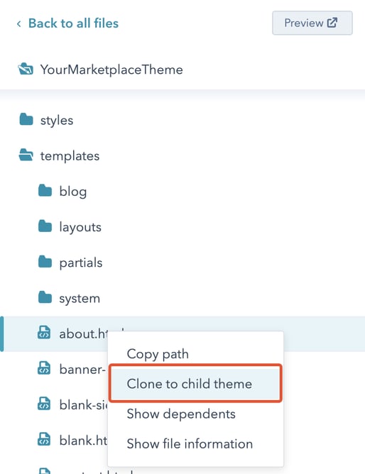 Right-click flyout menu showing 'Clone to child theme' action.