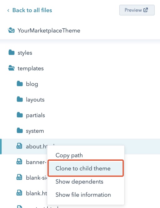 Right-click flyout menu showing 'Clone to child theme' action.