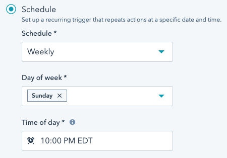 Workflow UI showing recurring schedule selected. an additional field for frequency appears, itse set to monthly. Day of month field is set to last day of month. Time of day is set to 10am.