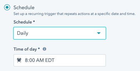 Workflow UI showing recurring schedule selected. an additional field for frequency appears, itse set to Daily. Time of date is set to 8am.