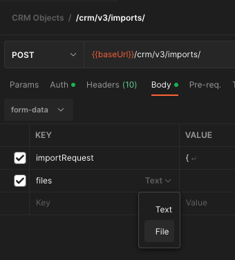 Postman screen. User has opened a dropdown on the "files" property. Dropdown shows two options, Text and File, File is selected.