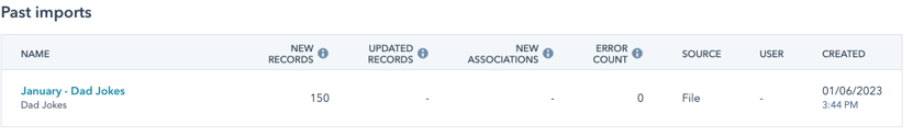 CRM imports screen showing a past import "January - Dad Jokes" 150 records.