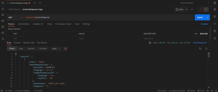 Postman request with limit property. The resulting response includes a results array.