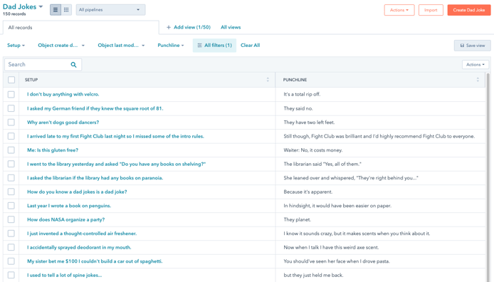 CRM interface opened to the Dad Jokes object's listing page, you can see numerous dad jokes.
