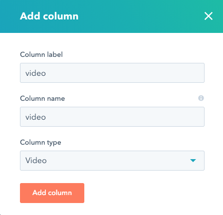 HubDB add column modal showing video column type selected