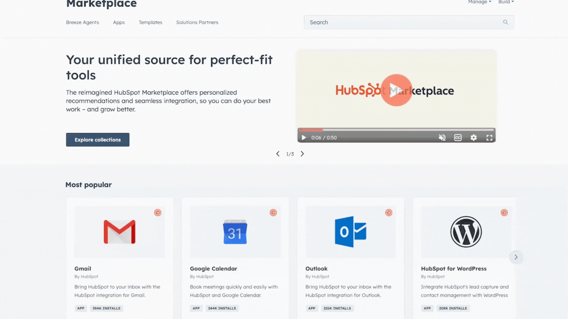 HubSpot marketplace homepage preview gif