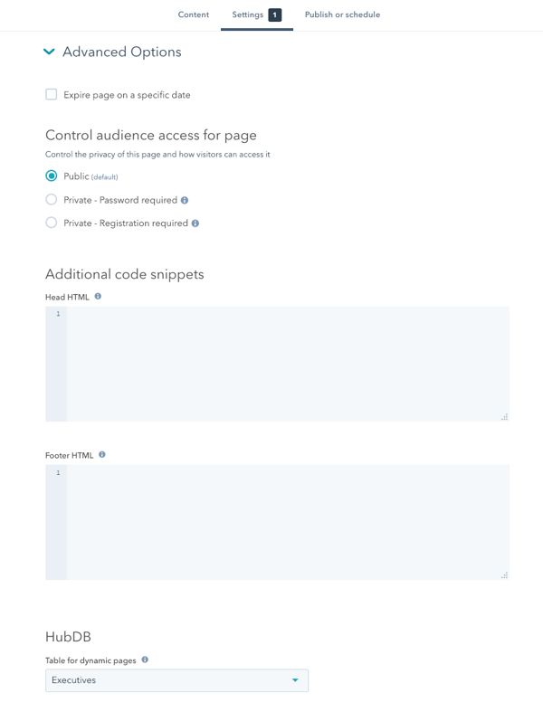 Advanced options in page settings for linking to HubDB table Advanced options in page settings for linking to HubDB table