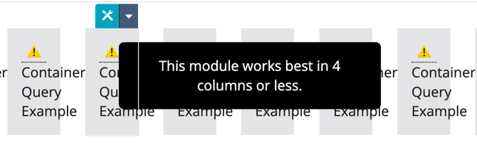 page editor view of the 12 instances of the same module, but a tooltip is visible saying "This module works best in 4 columns or less."