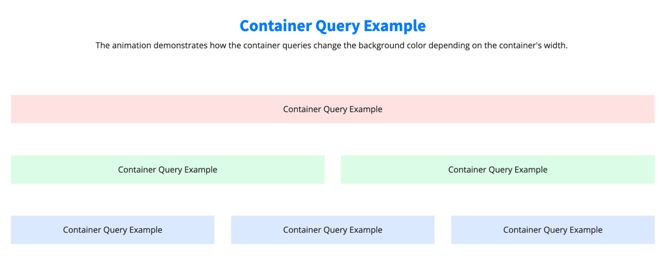 Container Query Example - you see instances of the same module on a page with different widths. For each width size the module has a different color.