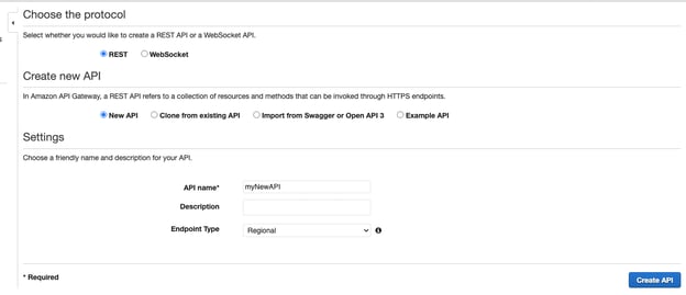 API creation settings