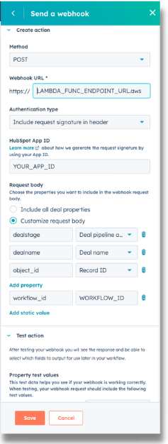 Webhook setup in a HubSpot workflow