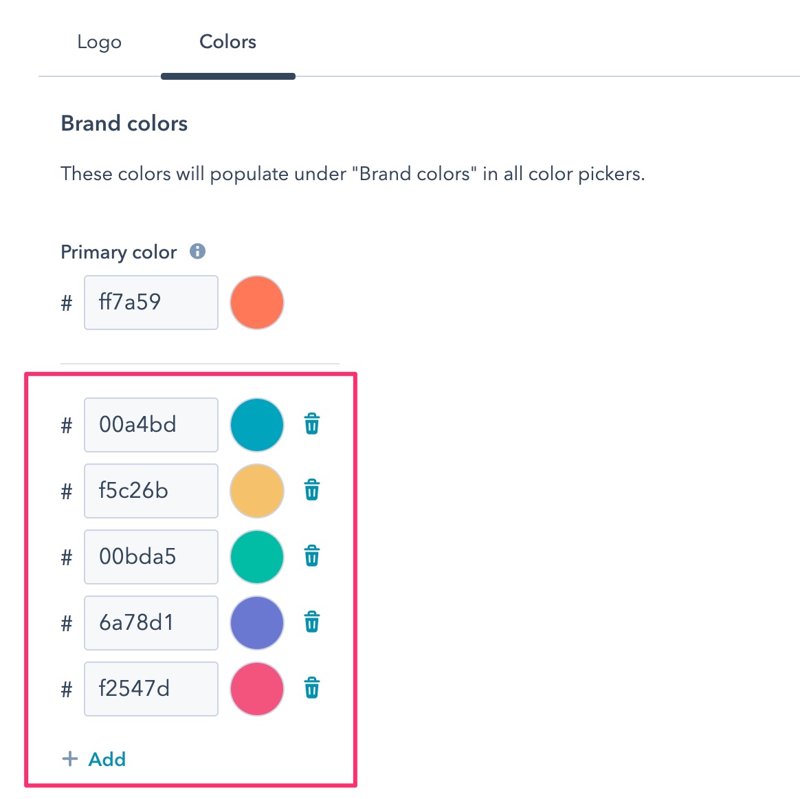 Location of additional branding colors Location of additional branding colors