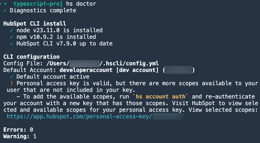 screenshot of the hs doctor output