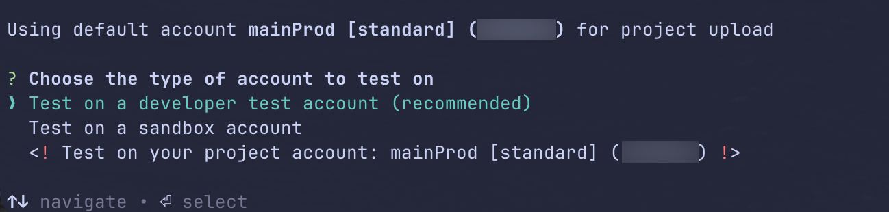 View of the terminal displaying the account selection prompt in the hs project dev command