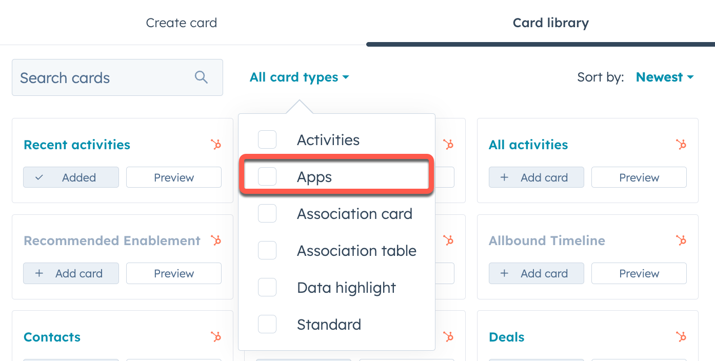 Screenshot showing the apps filter in the card library